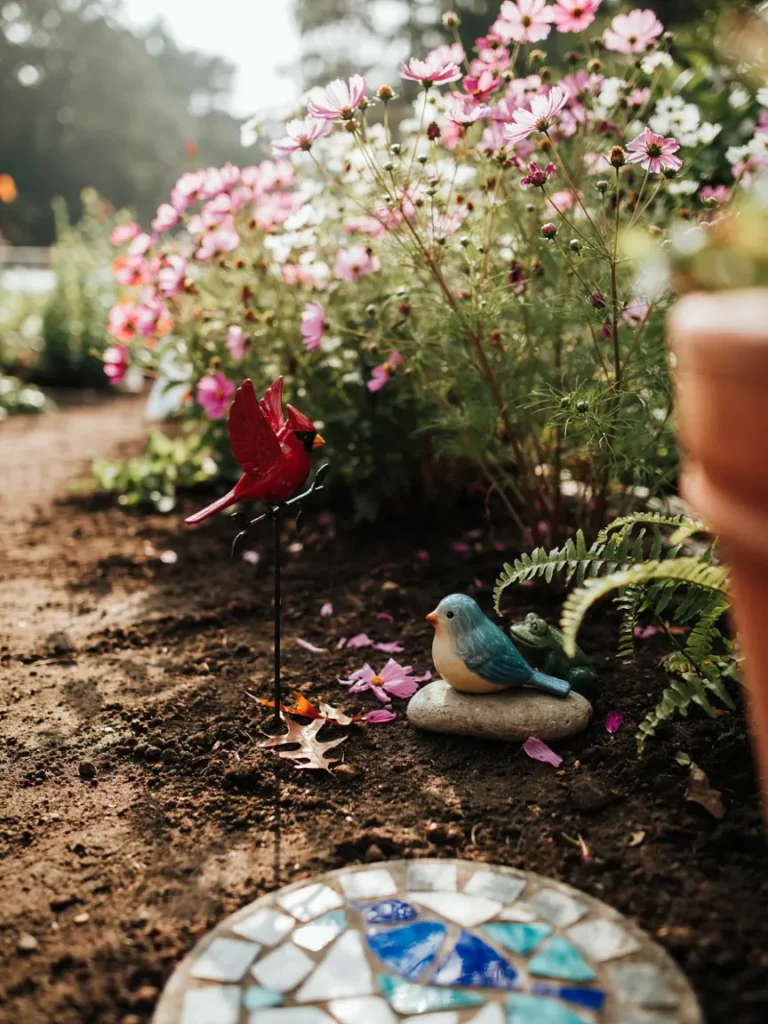A close-up of decorative garden bird art, such as a metal cardinal sculpture, a ceramic bird figurine, and a mosaic stepping stone, arranged together in a flower bed.