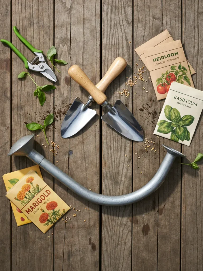 A close up of garden tools, such as a trowel, watering can, and seed packets, arranged playfully to spell out or hint at a pun, like tools forming a smiley face.