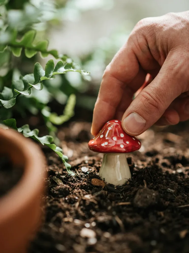 A close up shot of a hand placing a small ceramic mushroom statue into soil beside a fern, showing the tactile, hands on side of garden styling.