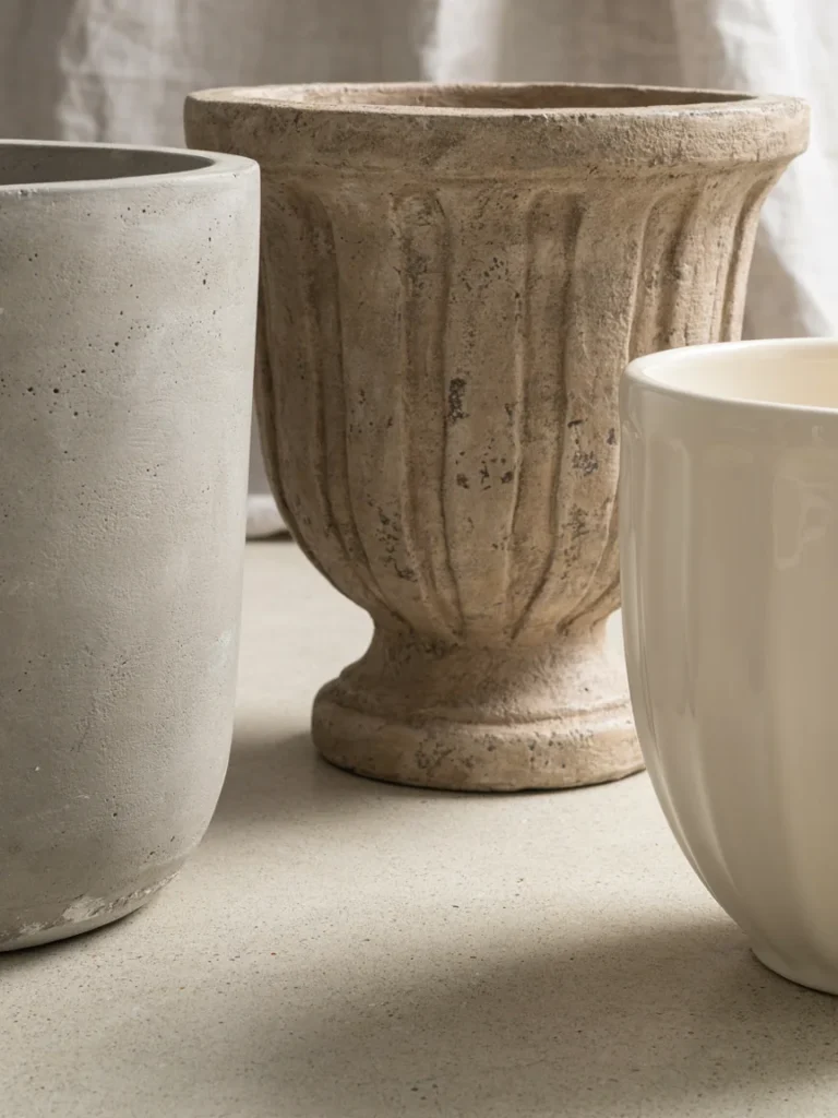 A close up texture shot comparing a smooth concrete planter, a textured cast stone urn, and a lightweight resin planter side by side, highlighting the visual and material differences.