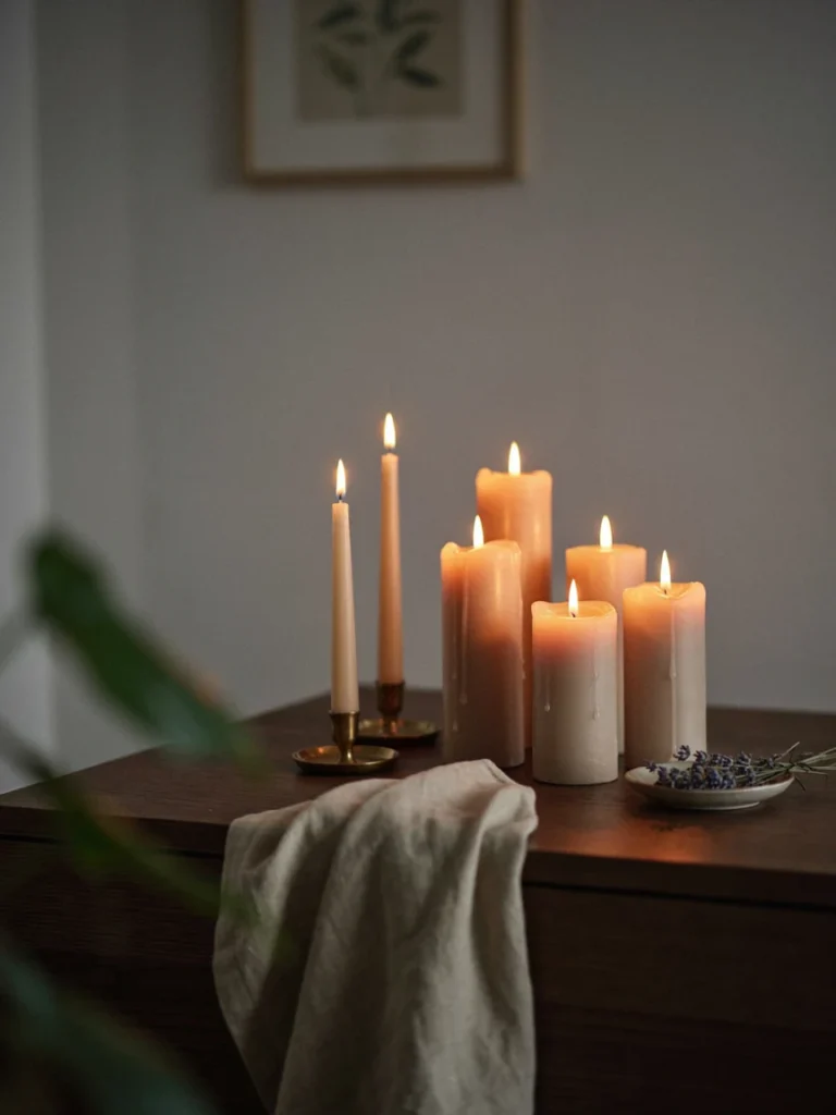 A cluster of flameless LED candles of varying heights arranged on a dresser or mantle.