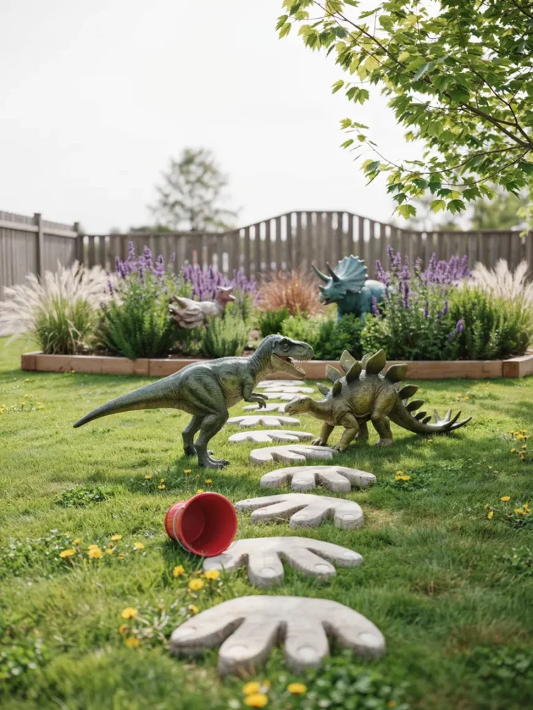 A cluster of resin dinosaur statues, such as a T Rex and stegosaurus, arranged near dinosaur footprint stepping stones in a family friendly garden play area