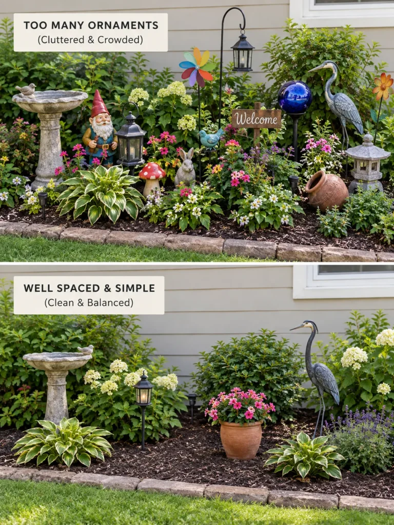 A cluttered garden bed with too many mismatched decorative ornaments crowded together,