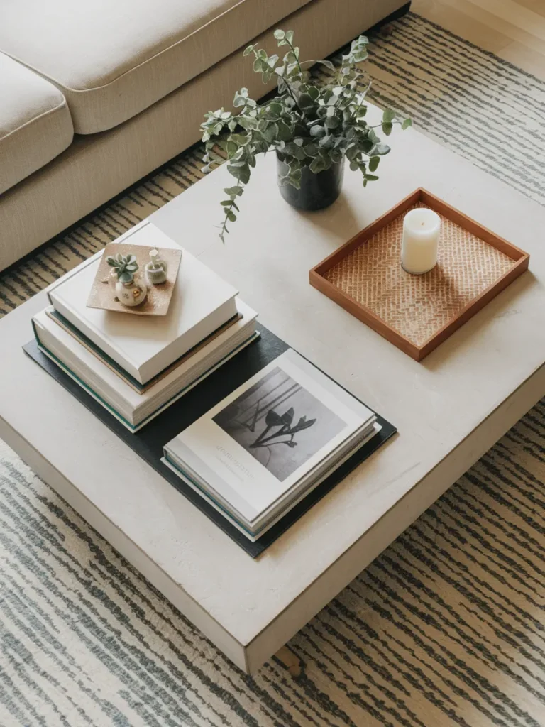 A coffee table styled with a stack of large format books, a low tray with a candle, and a small plant, shot from above to show the layered layout