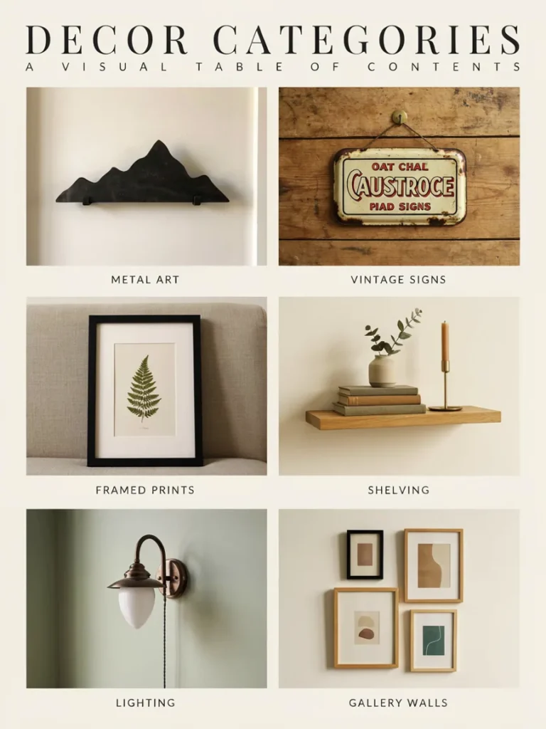 A collage style graphic previewing the different decor categories covered below, such as metal art, vintage signs, framed prints, and shelving, to act as a visual table of contents