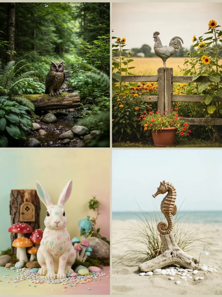 A collage style shot showing four distinct garden vignettes side by side, woodland, farmhouse, whimsical, and coastal, each featuring a themed animal statue.