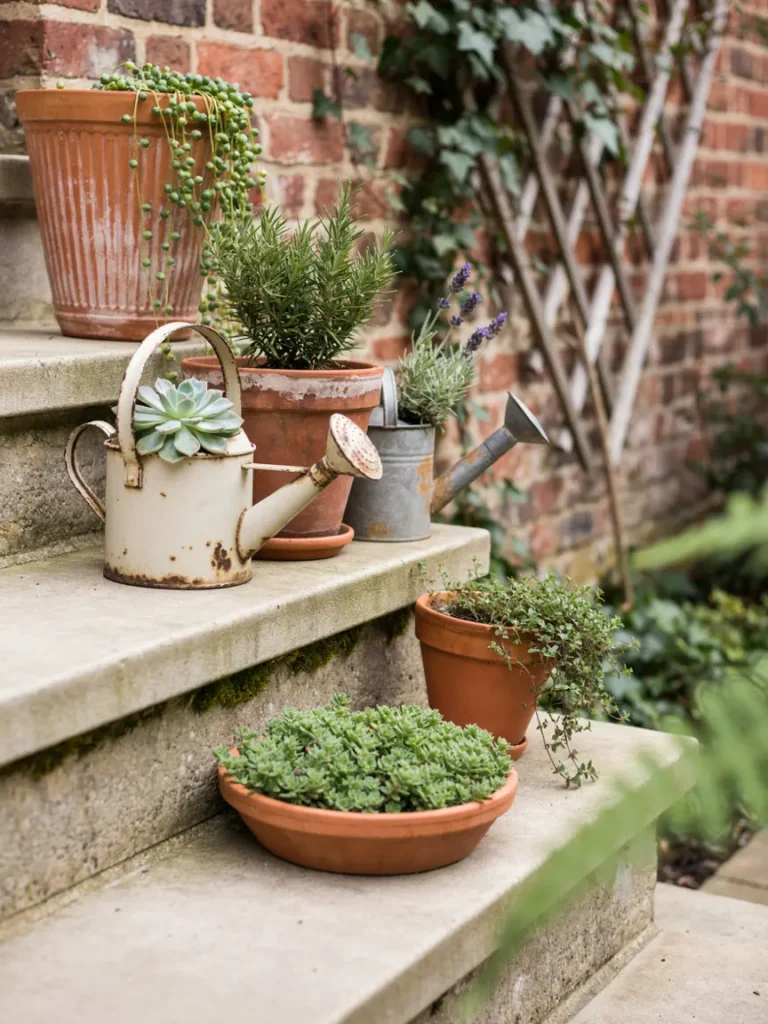 A collection of mismatched terracotta pots and vintage watering cans used as planters, arranged on a garden step