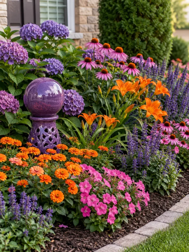 A color-coordinated garden bed featuring purple, orange