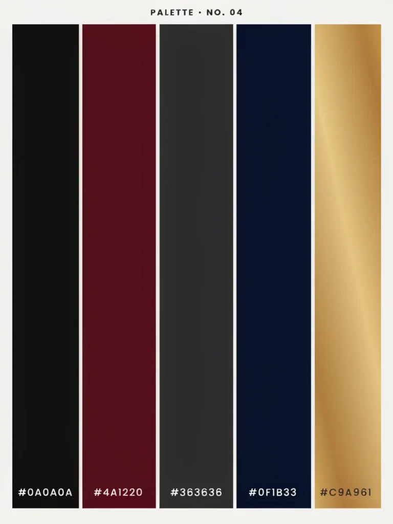 A color palette graphic or swatch board showing black, deep burgundy, charcoal gray, midnight blue, and a gold metallic swatch side by side.