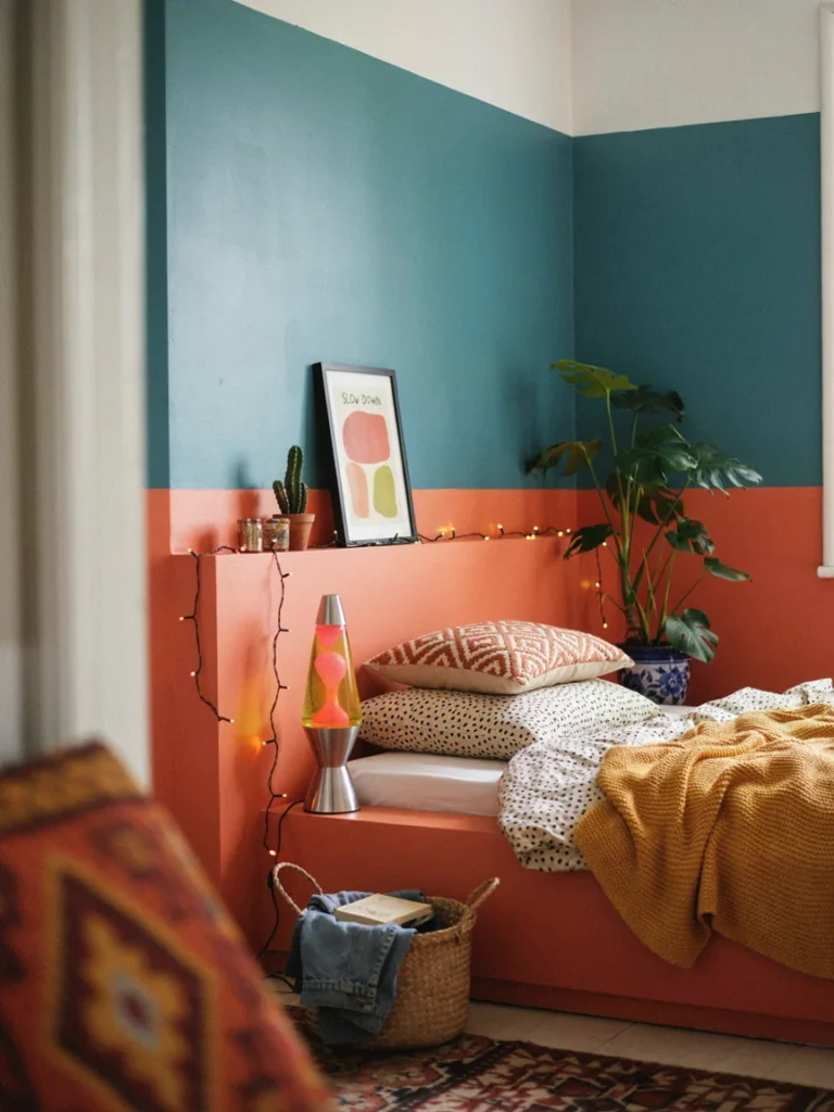 A colorful bedroom corner showing a mix of bold color blocked walls, patterned textiles, and playful accessories like a lava lamp or colorful string lights