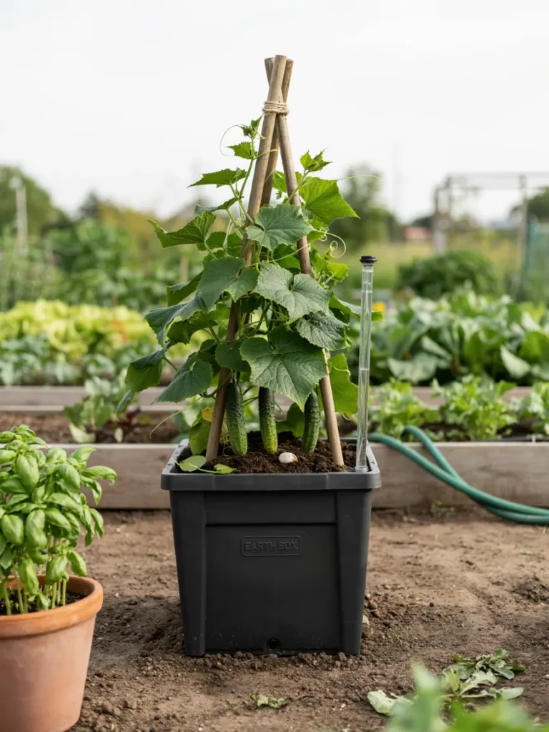 A commercial earth box planter with visible water fill tube and wicking chamber, planted with a thriving cucumber vine on a small trellis