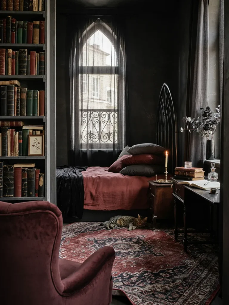 A compact bedroom or studio apartment styled with gothic elements, showing how the look adapts to a smaller footprint