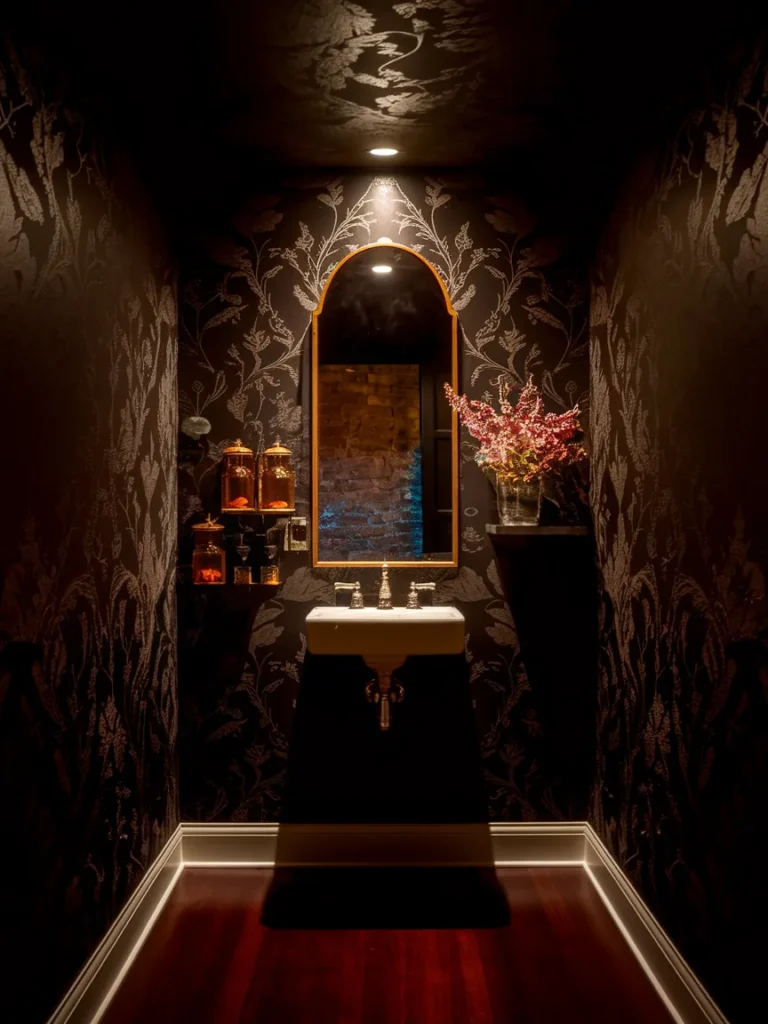 Small powder room with dark botanical wallpaper and witch bathroom decor.