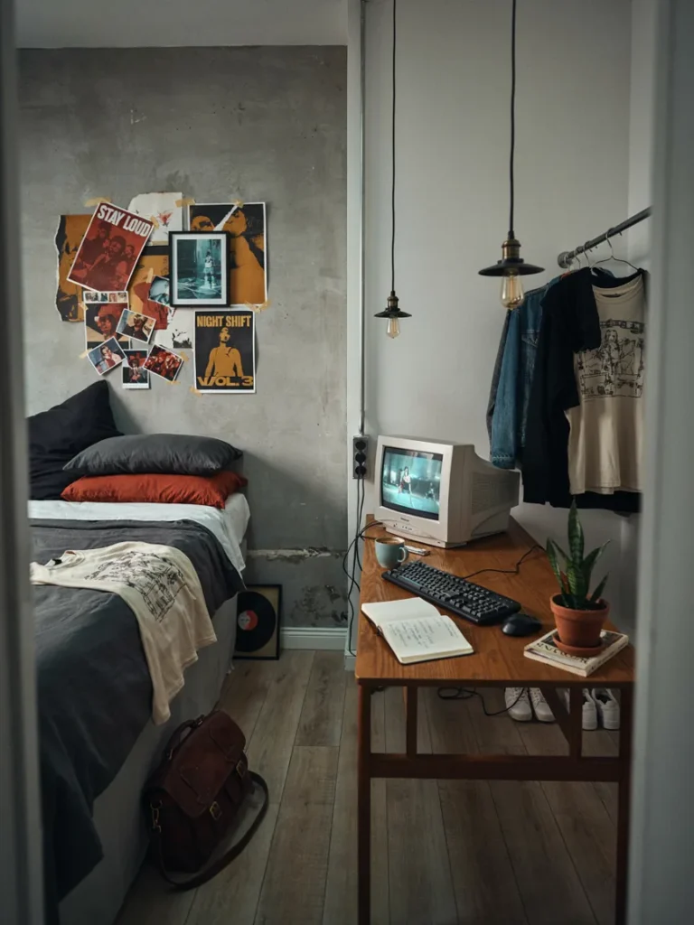 A compact studio or dorm room styled with urban decor elements, showing how the aesthetic adapts to limited square footage.