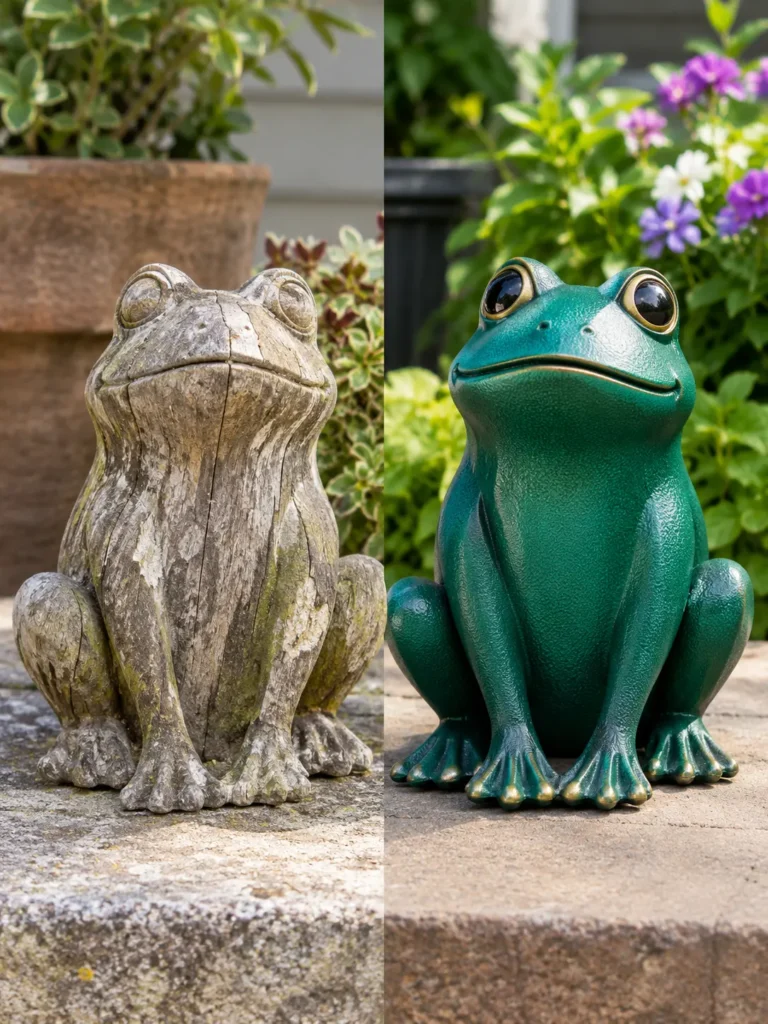 A comparison of a weathered, faded wooden ornament next to a powder coated metal