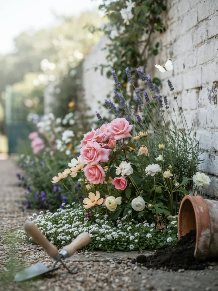 A cottage garden bed in a soft pastel palette, showing blush roses, lavender, and cream colored blooms together