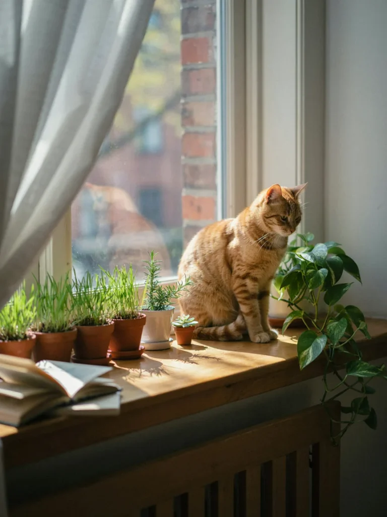 A cozy apartment scene with a cat perched on a windowsill surrounded by small pots of cat grass and trailing greenery, sunlight streaming in.
