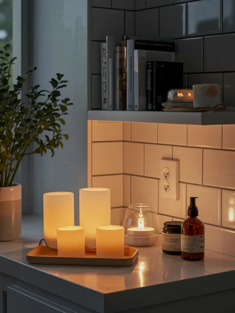 Layered battery powered lights and flameless candles in a small apartment bathroom.