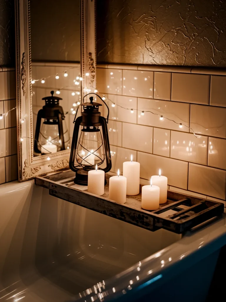 Candles, lantern, and string lights creating warm light in a witchy bathroom.