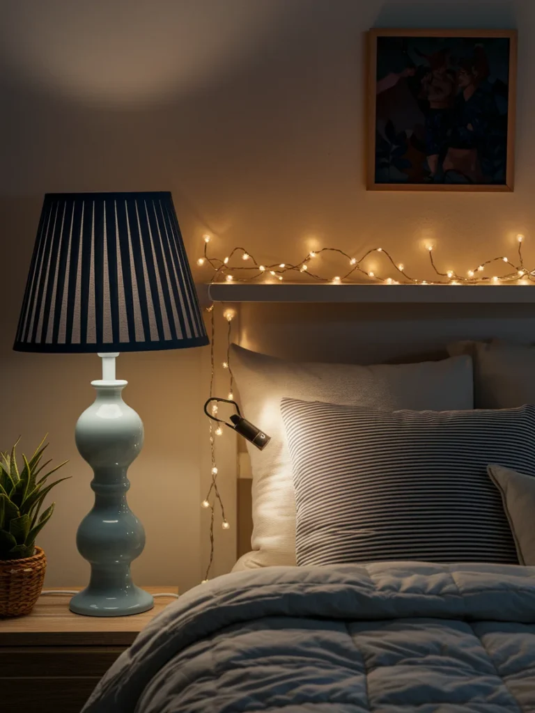 Warm lighting in a baseball bedroom with navy lamp, string lights, and reading light.