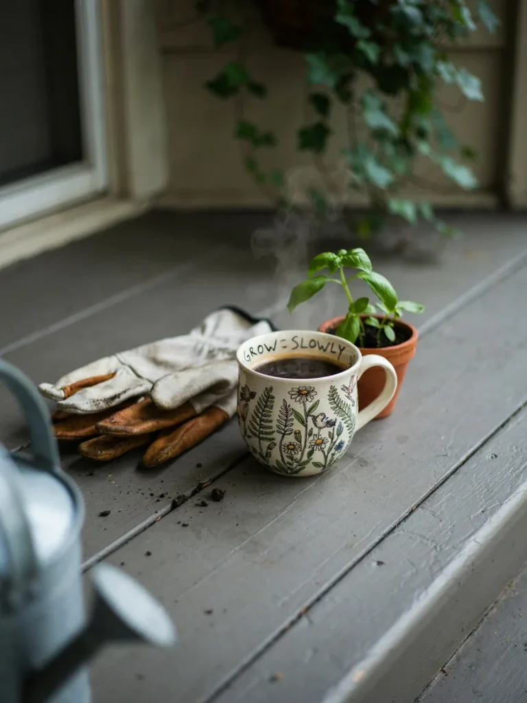 A cozy tabletop scene featuring a garden themed mug filled with coffee or tea, sitting on a porch step or wooden table alongside gardening gloves and a small potted herb plant.