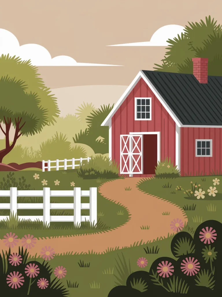 A cozy, warm toned screenshot style illustration of a relaxing farm scene with soft colors, representing the low stress appeal of cozy gaming
