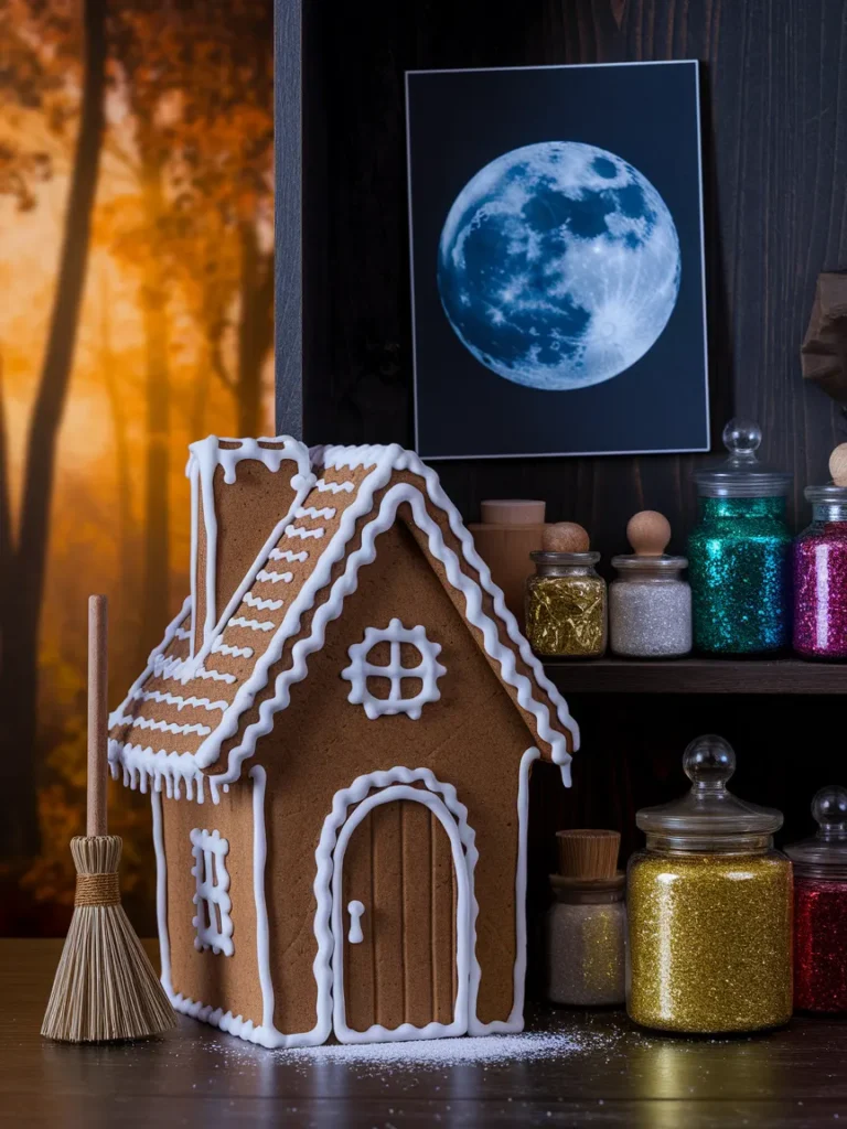 Crooked gingerbread cottage next to apothecary jars in a witchy bathroom.