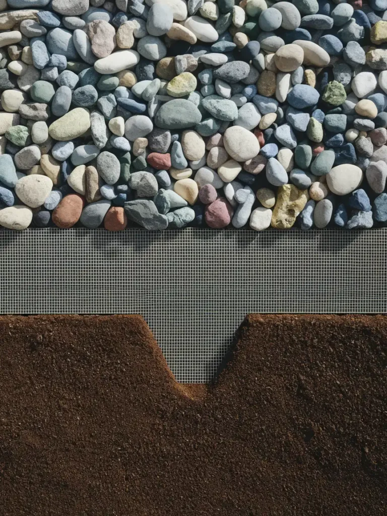A cross section style photo or diagram showing landscape fabric laid over soil with gardening rock spread on top, illustrating how a liner sits beneath the visible stone layer.