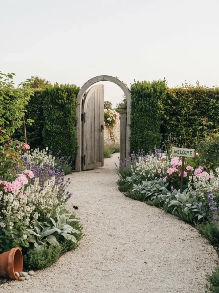 A curved stone or gravel garden path bordered by low growing flowers, leading toward a wooden arched gate