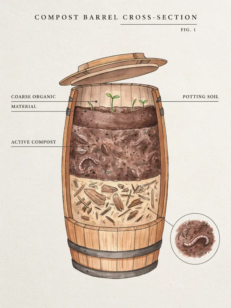 A cutaway or cross section illustration of a barrel showing layered contents, coarse organic material at the bottom, compost and potting soil layered above it.