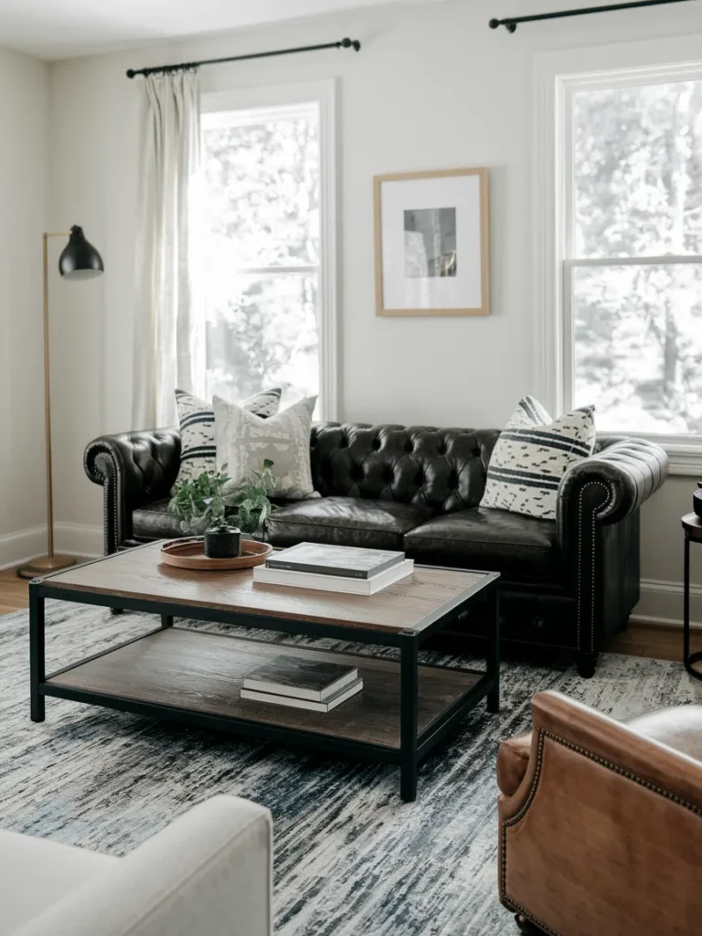 A dark leather sofa paired with a blackened steel and reclaimed wood coffee table.