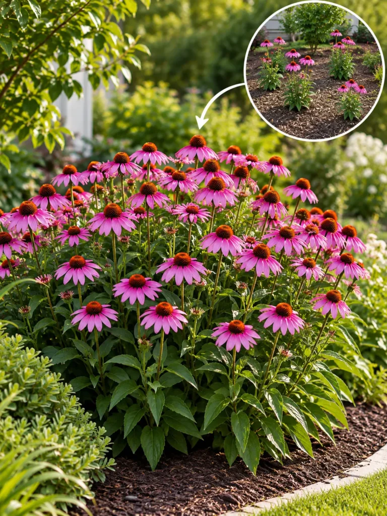 A dense cluster of the same flower species planted together in a drift, rather than scattered single stems