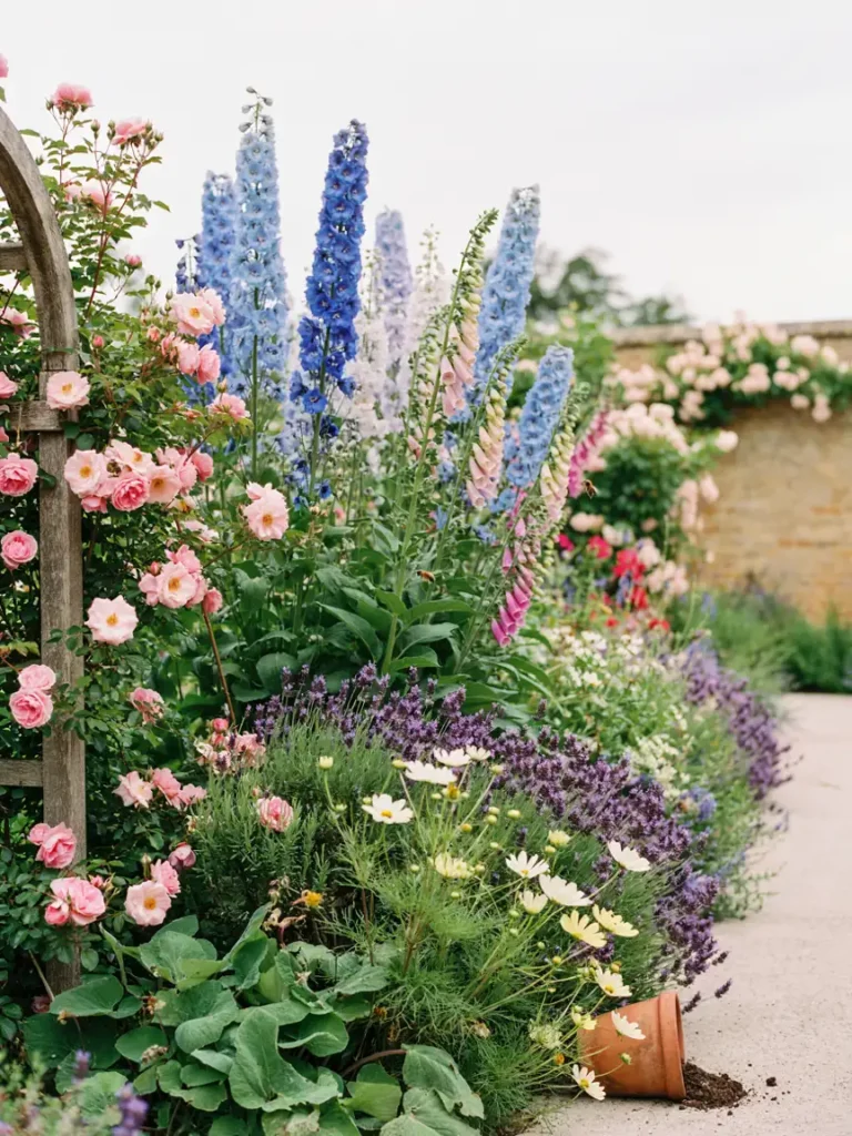 A dense cottage garden border mixing roses, delphiniums, foxgloves, and lavender at varying heights