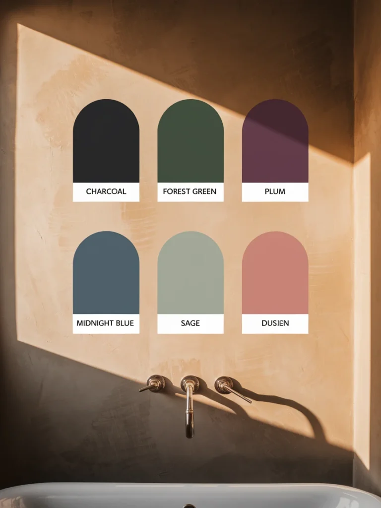 Color palette for witchy bathroom decor with charcoal, forest green, plum, and midnight blue.