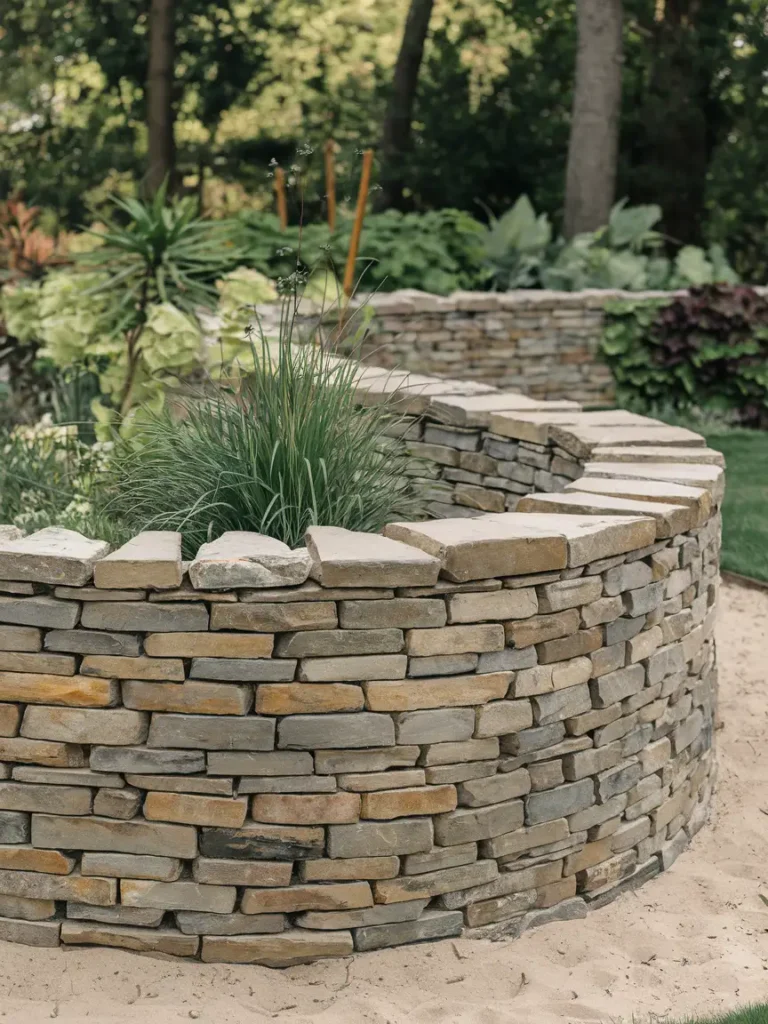 A diagram or step by step photo showing stacked stones laid in an overlapping running bond pattern for a low garden wall.