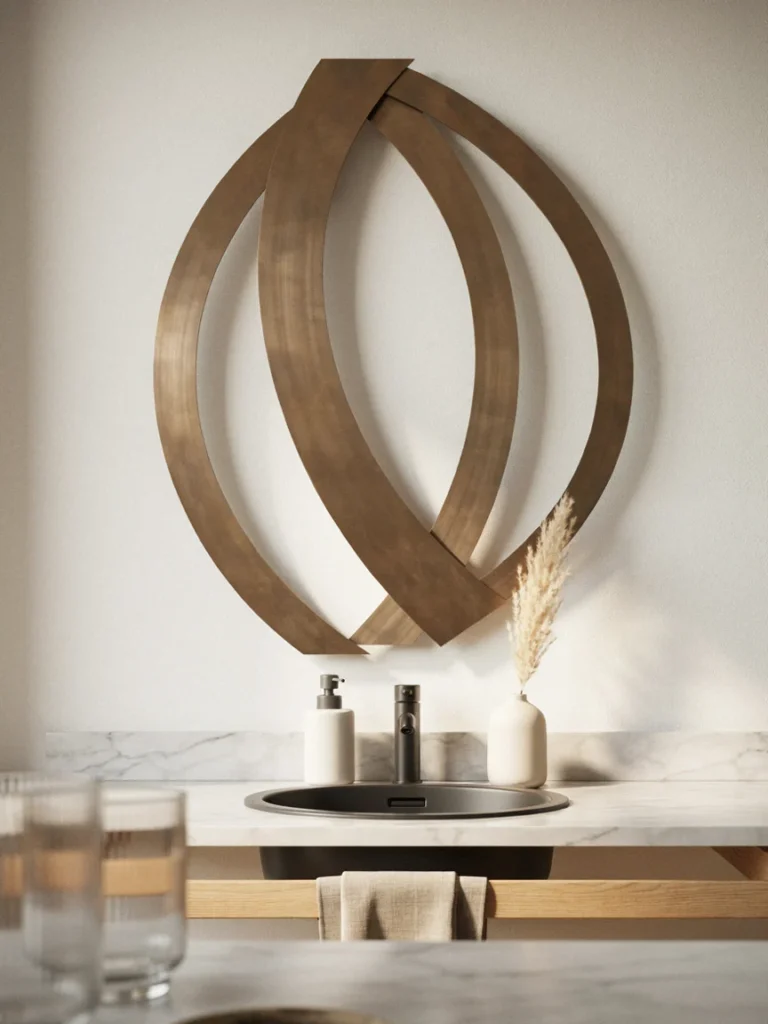A dimensional or sculptural metal wall art piece mounted above a bathroom vanity, shot at an angle to show its depth and shadow play