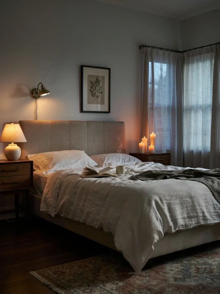 A dimly lit bedroom scene showing layered lighting from a wall sconce, a table lamp, and candles, demonstrating warm pools of light rather than one overhead source.