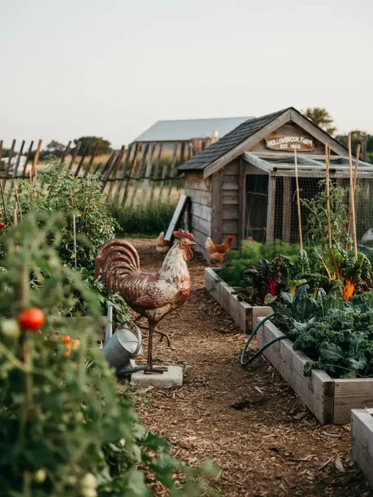 A distressed metal rooster statue positioned near raised vegetable beds or a chicken coop, capturing a working farm aesthetic.