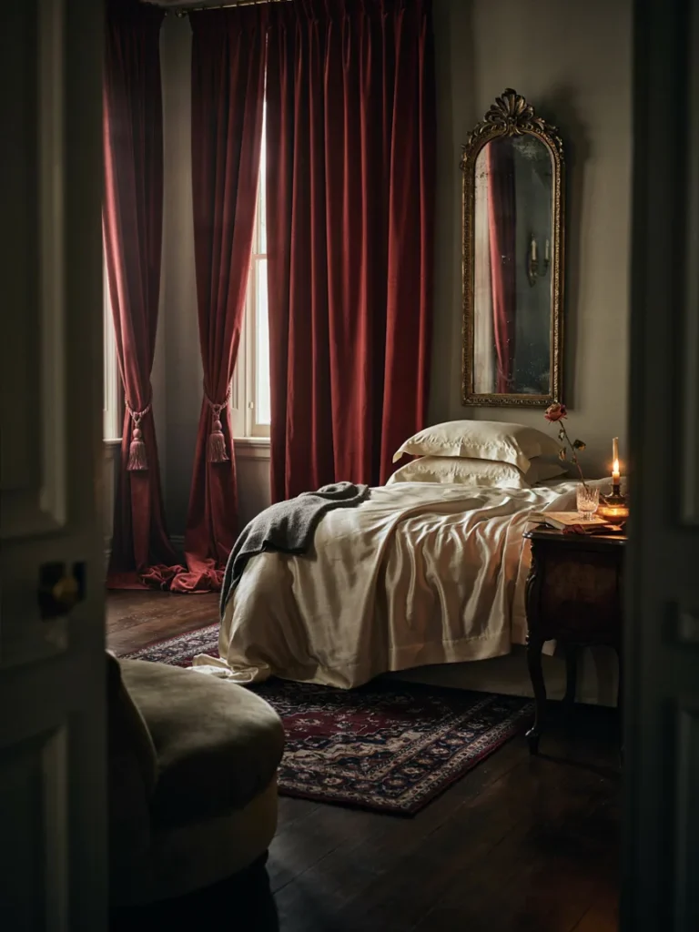 A dramatic bedroom shot featuring floor length red or black velvet curtains, satin bedding, and an antique mirror in the background.