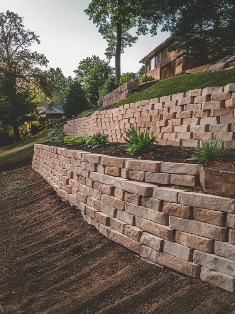 A dry stacked stone retaining wall on a sloped yard, holding back soil and creating a flat planting area above it.