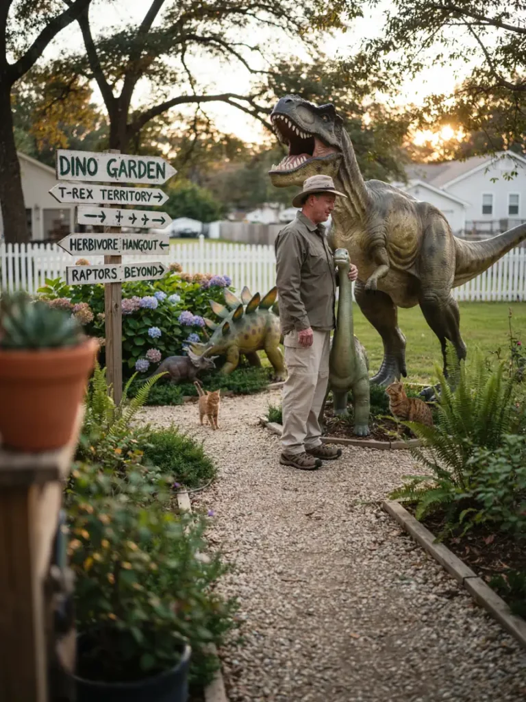 A family or individual standing in their personalized garden space filled with statues matching a specific hobby or interest, such as birdwatching or dinosaurs.