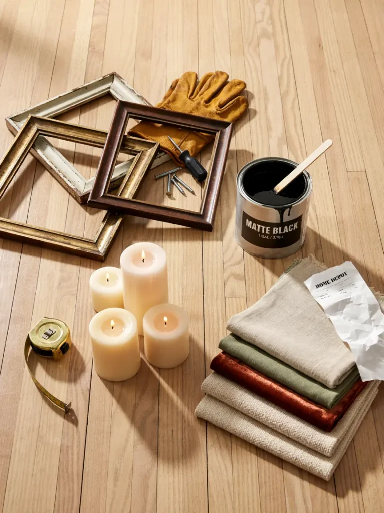 A flat lay of budget friendly items such as thrifted frames, a can of black paint, LED candles, and fabric swatches.