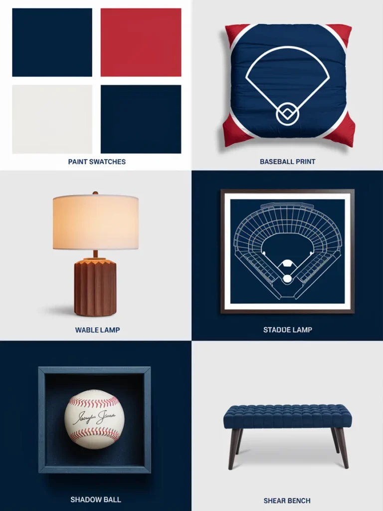 Collage of key baseball bedroom decor features including colors, bedding, art, lamp, and storage.