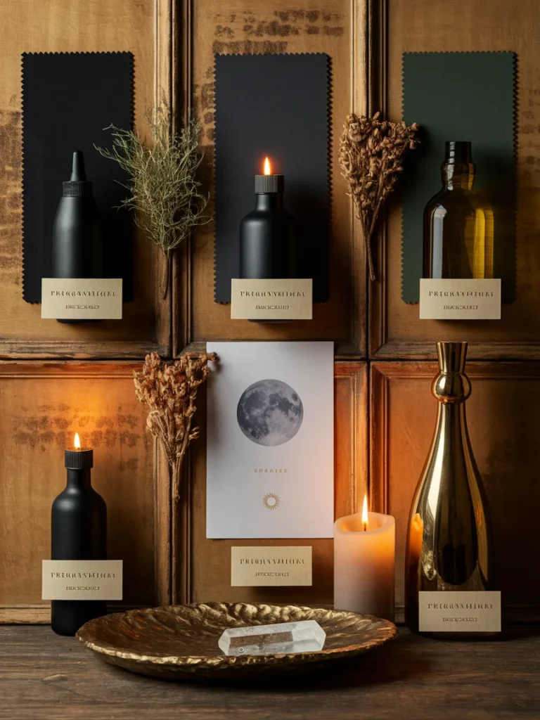 Collage of core witchy bathroom decor elements including bottles, candles, herbs, and moon prints.