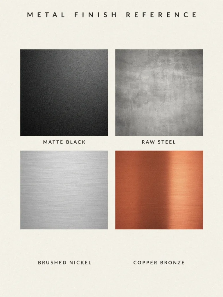 A flat lay or grid graphic showing four metal finish swatches side by side, labeled matte black, raw steel, brushed nickel, and copper or bronze, so readers can compare tones directly