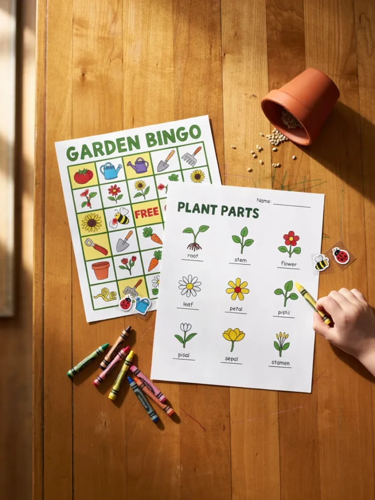 A flat lay photo of a colorful gardening themed bingo card and a printable worksheet featuring plant parts, laid out on a table alongside crayons and a few small garden themed stickers.