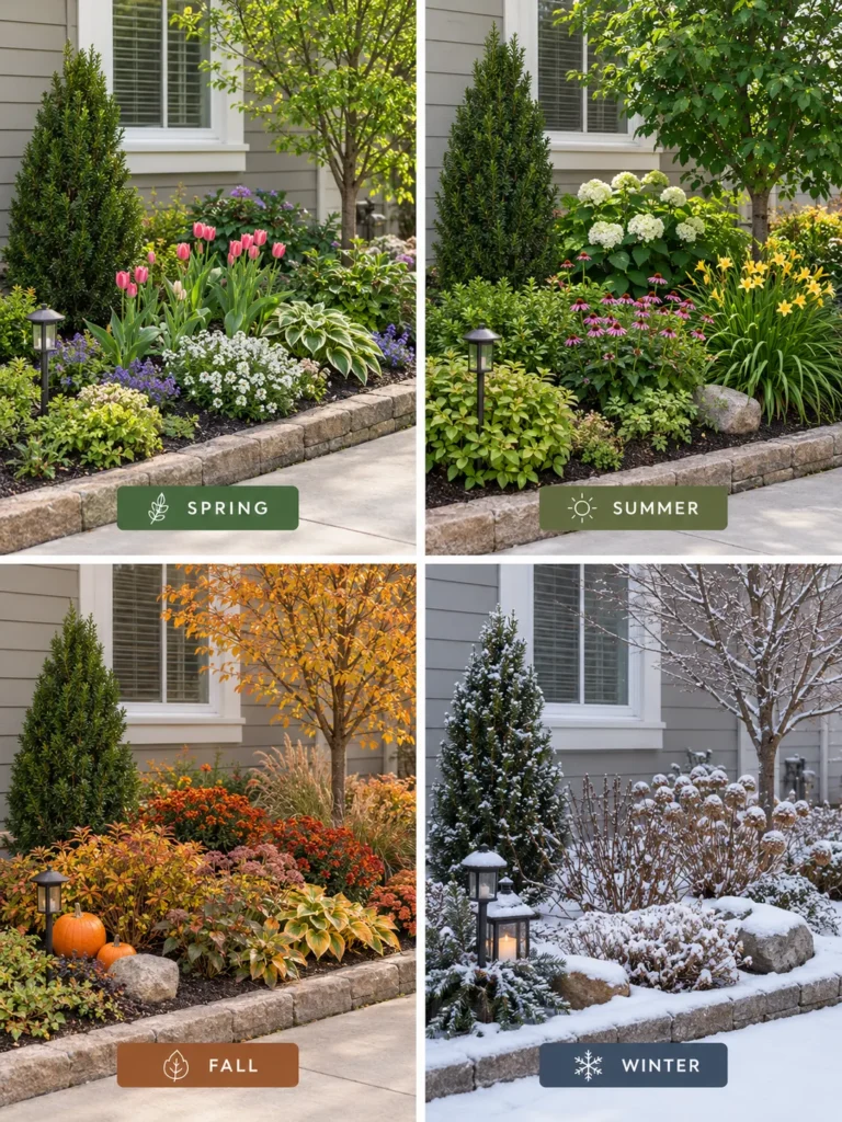 A four-panel seasonal comparison of the same garden bed in spring, summer, fall