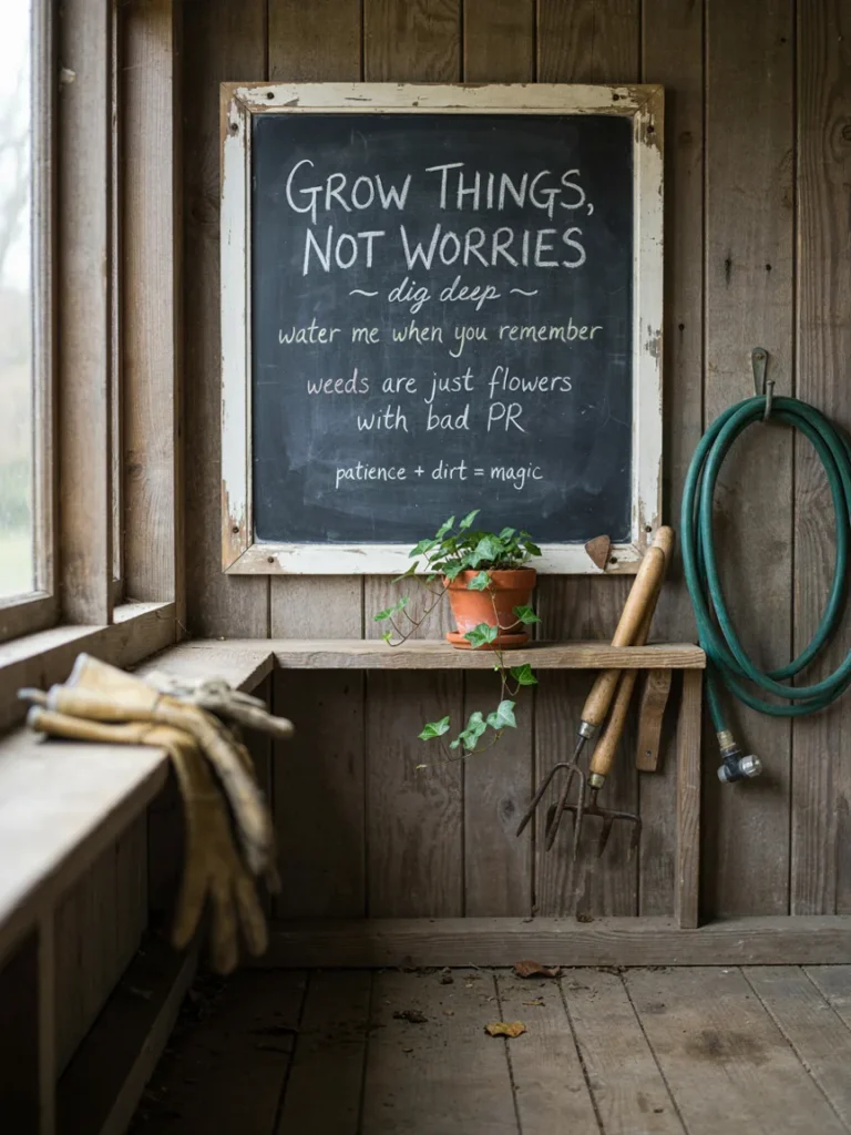 A framed chalkboard sign in a garden shed listing a few short, playful gardening one liners in a handwritten font style.