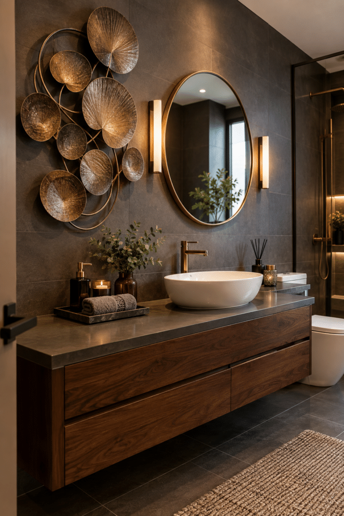 A fully styled final bathroom shot pulling together a focal metal art piec