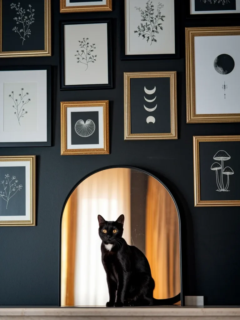 Gallery wall with arched mirror and moon phase prints in a witchy bathroom.